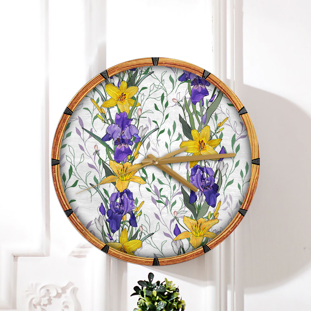 Flowers Purple Irises Yellow Lilies Wall Clock