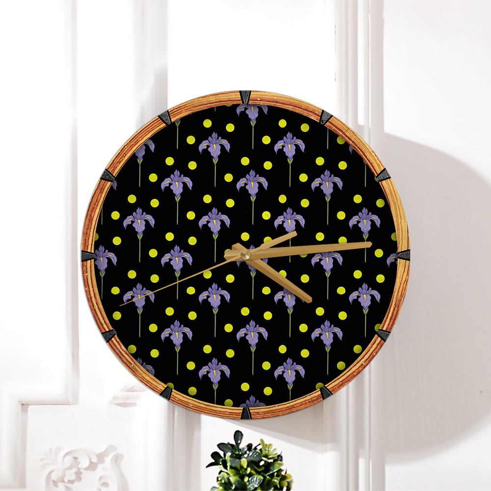 Iris Flower And Dot Seamless Pattern Wall Clock