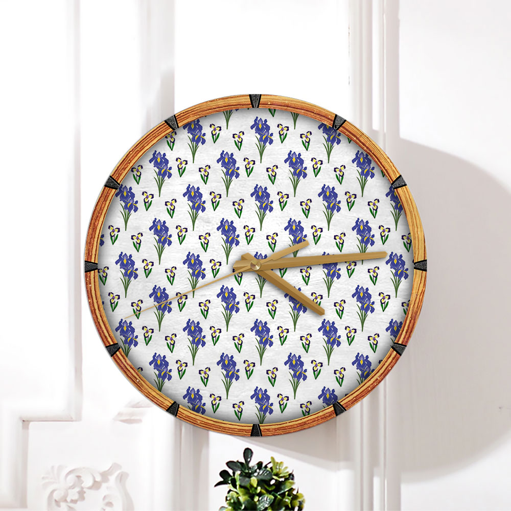 Iris Flower And Leaf Seamless Pattern Wall Clock