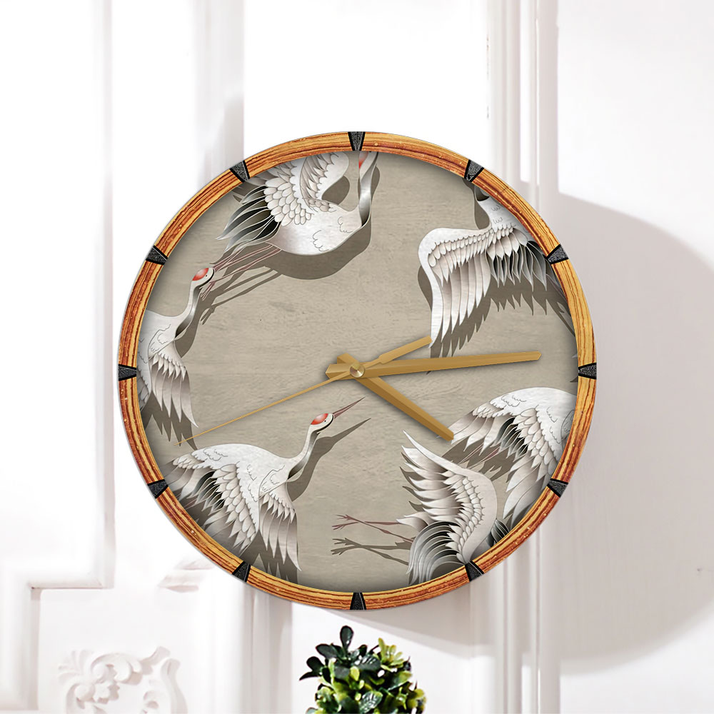 Japanese Heron Brown Backgorund Wall Clock