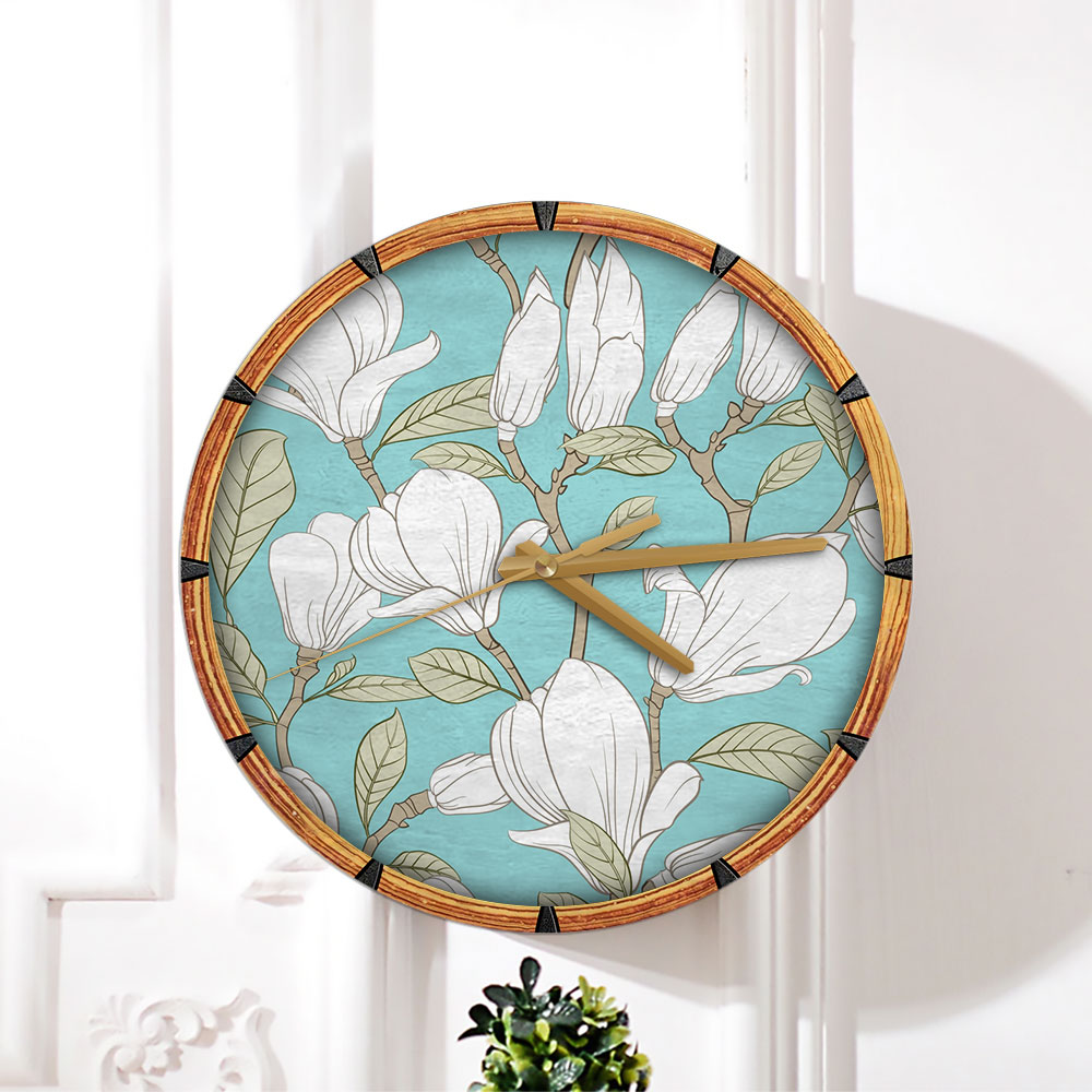 Magnolia Flower On Blue Background Wall Clock