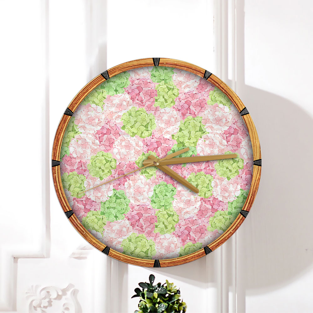 Pink And Green Hydrangea Flowers Wall Clock