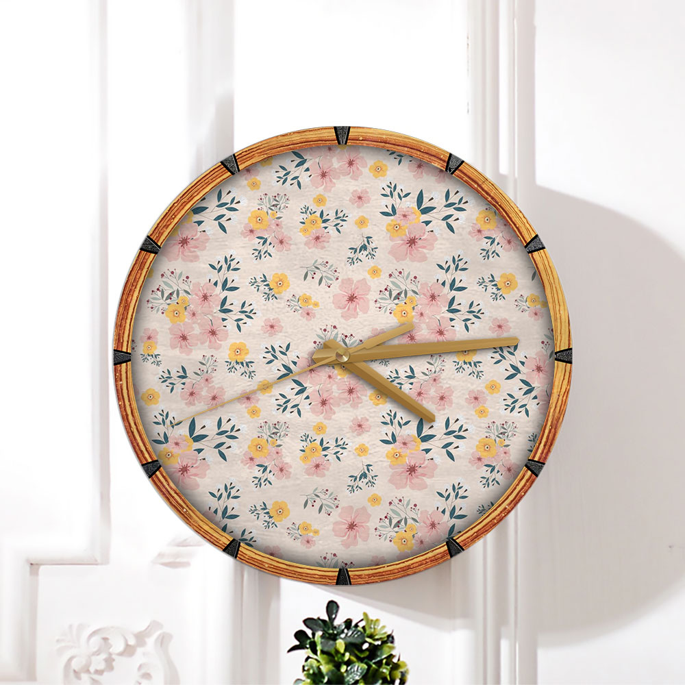 Pink And Yellow Flower Seamless Pattern Wall Clock