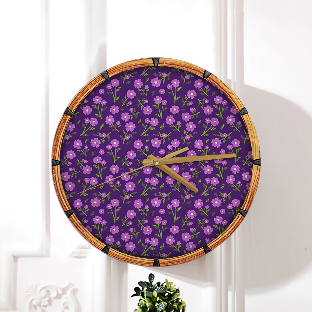 Purple Flower Vibe Seamless Pattern Wall Clock