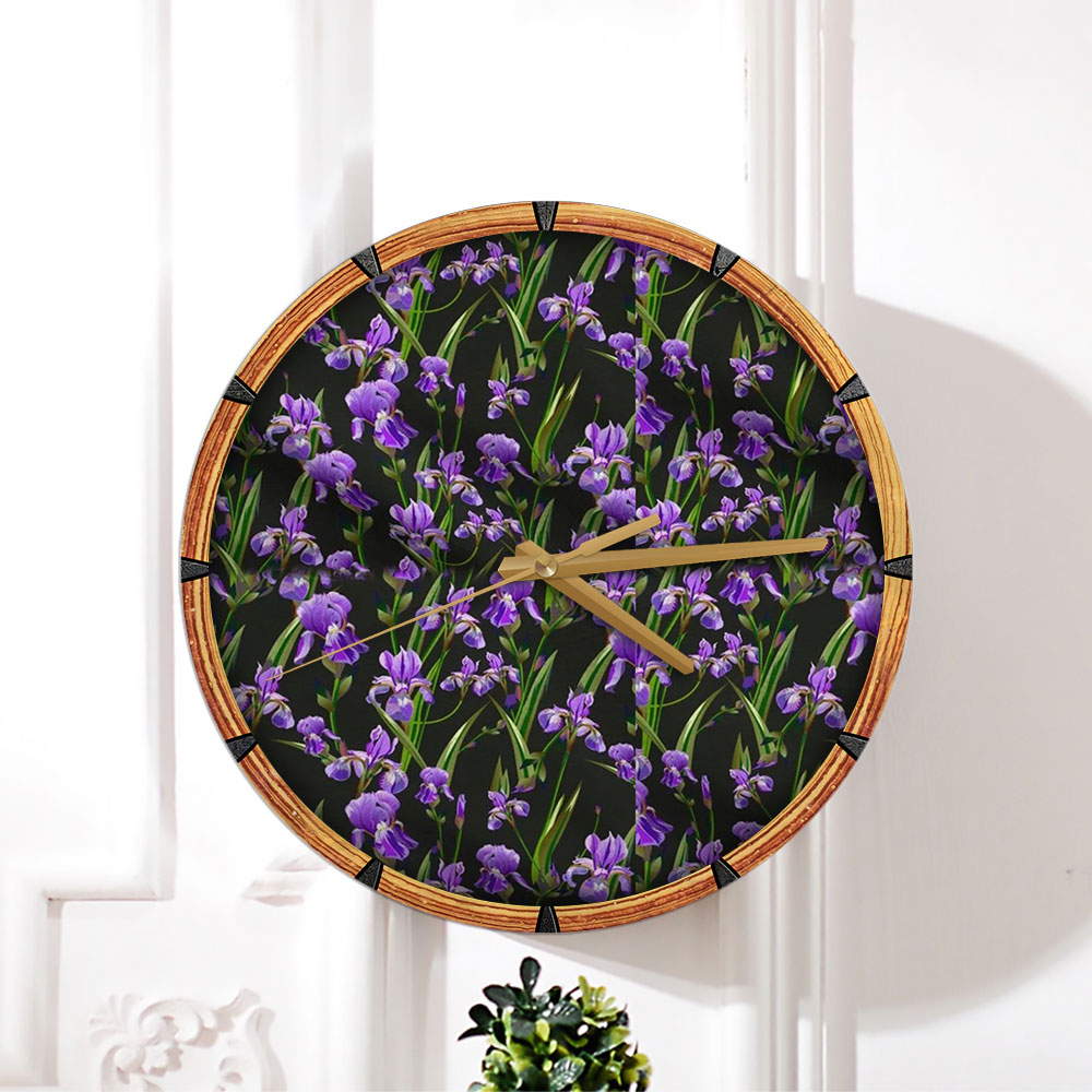 Purple Iris On Black Background Wall Clock