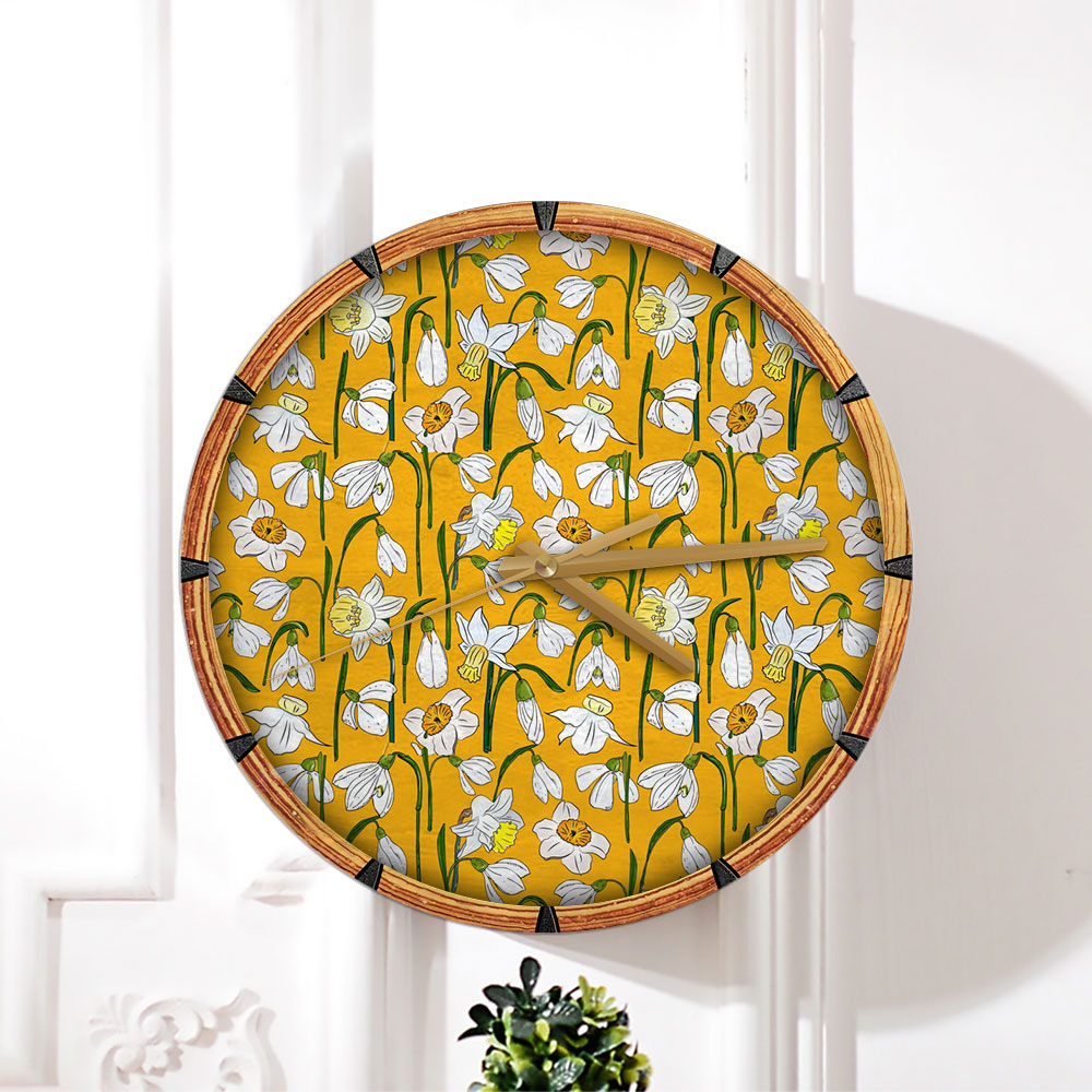 Snowdrops And Daffodils Seamless Pattern Wall Clock