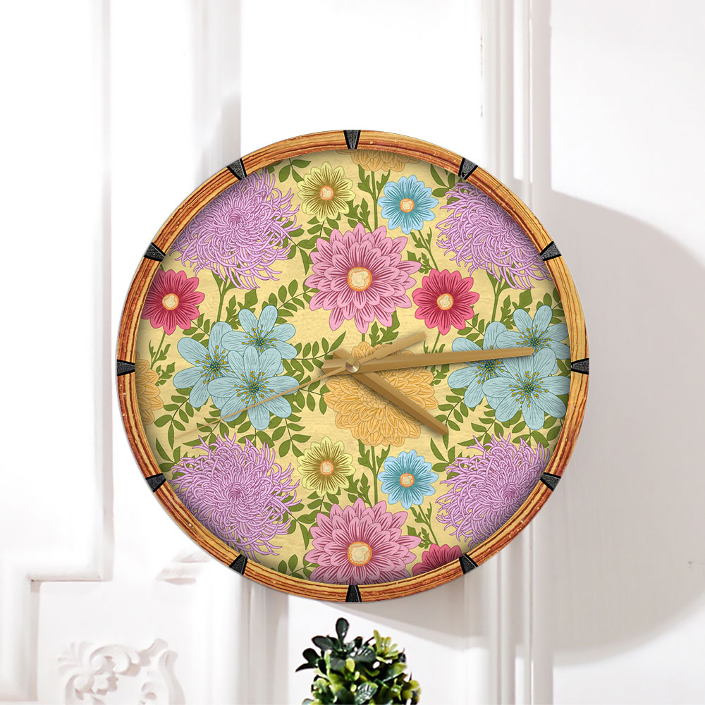 Summer Seamless Pattern With Daisy Chrysanthemum Wall Clock
