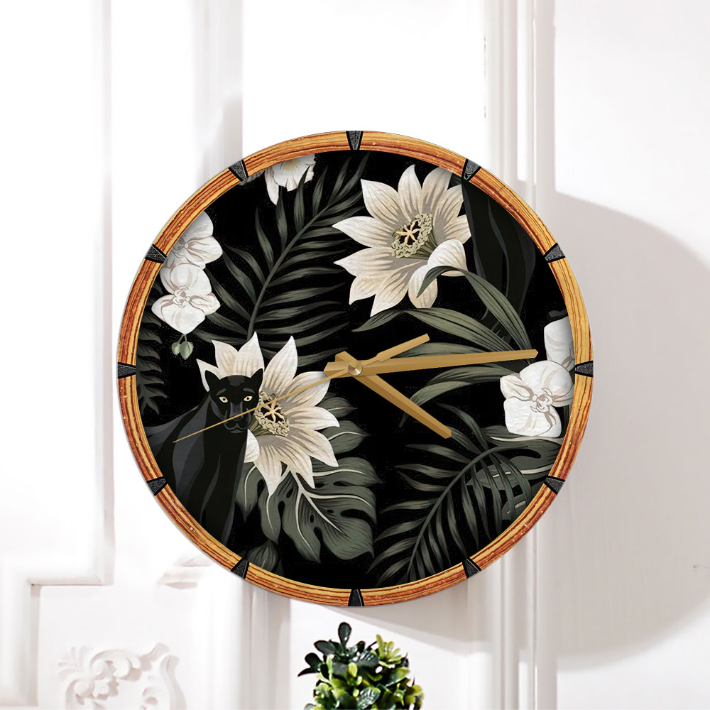 Vintage Floral Black Panther Wall Clock