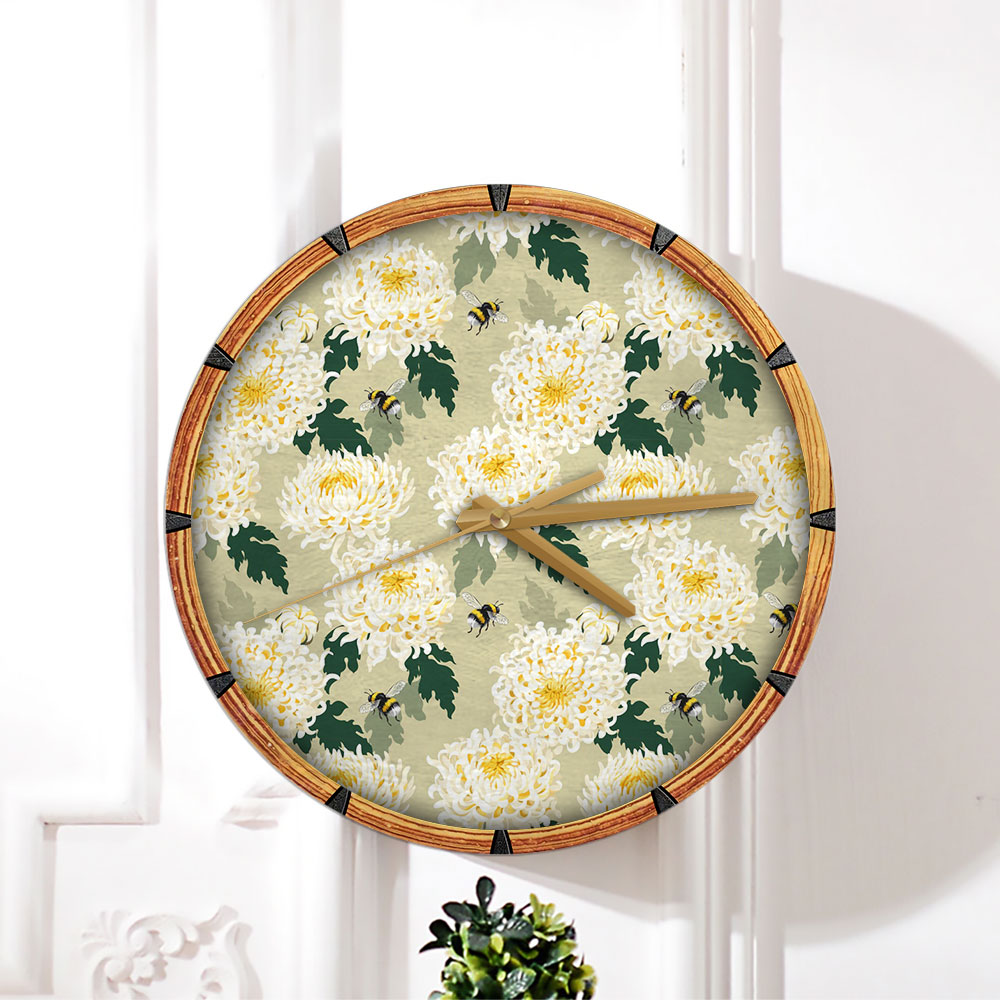 White Chrysanthemums And Bee Wall Clock