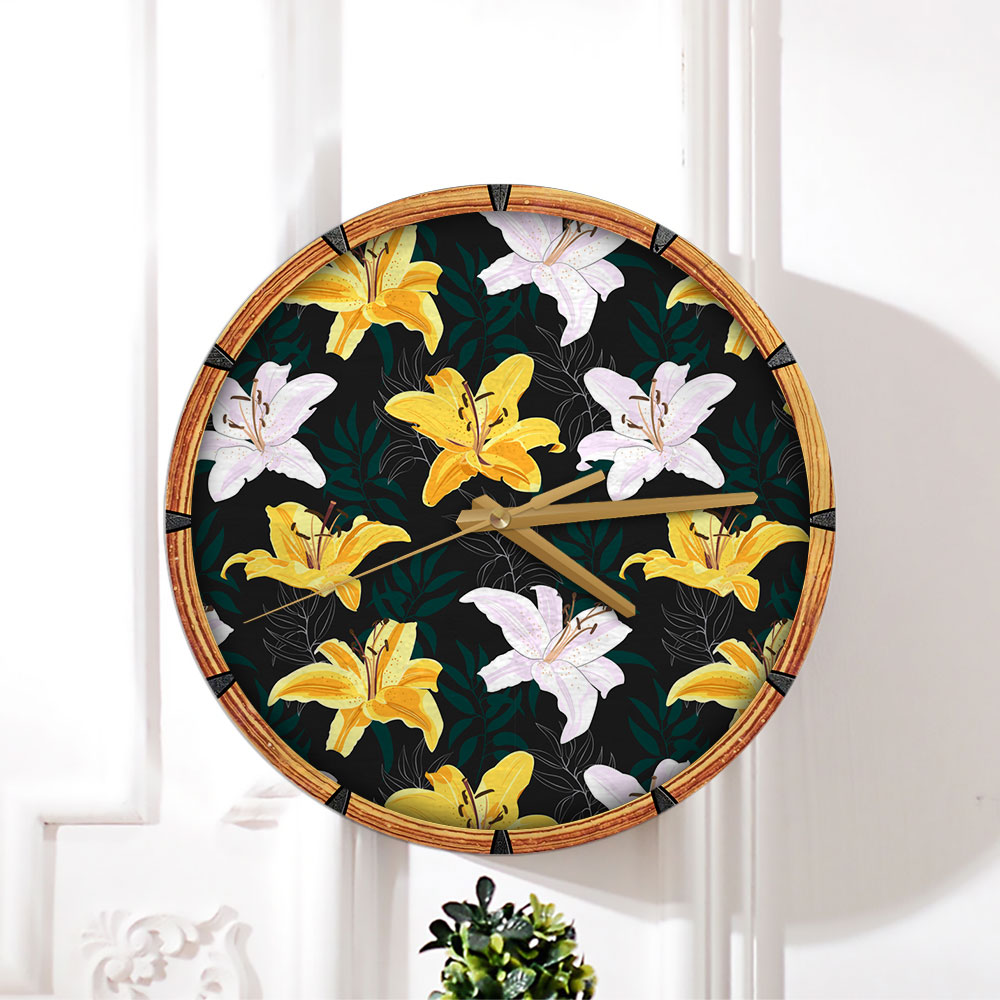 Yellow And White Lily Flowers Wall Clock