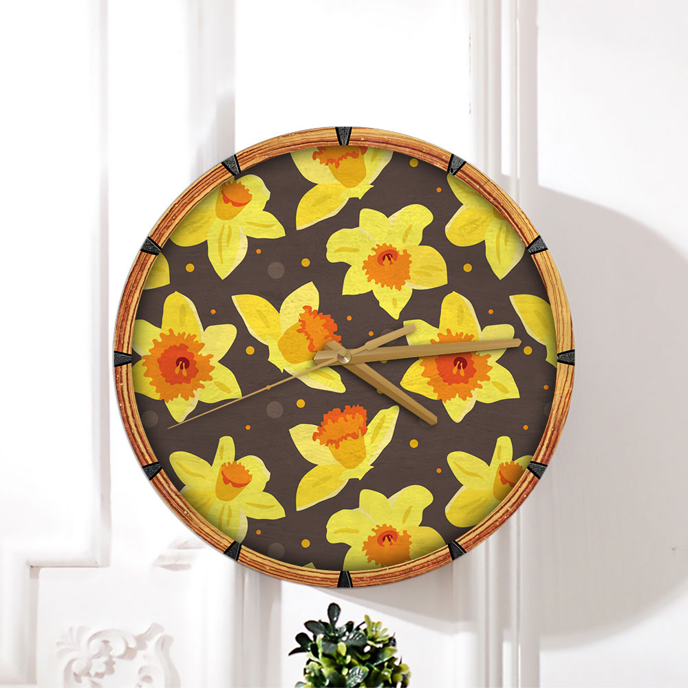 Yellow Daffodils On Brown Background Wall Clock