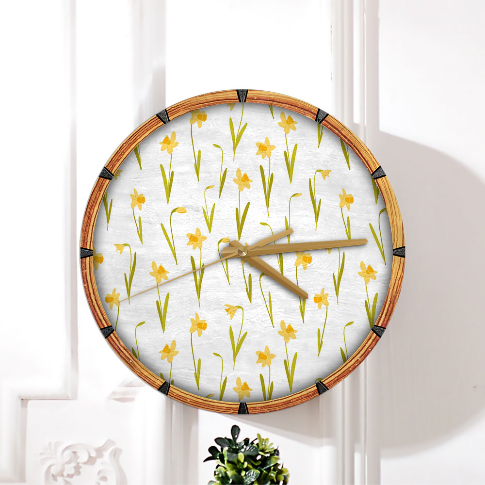 Yellow Daffodils On White Background Wall Clock
