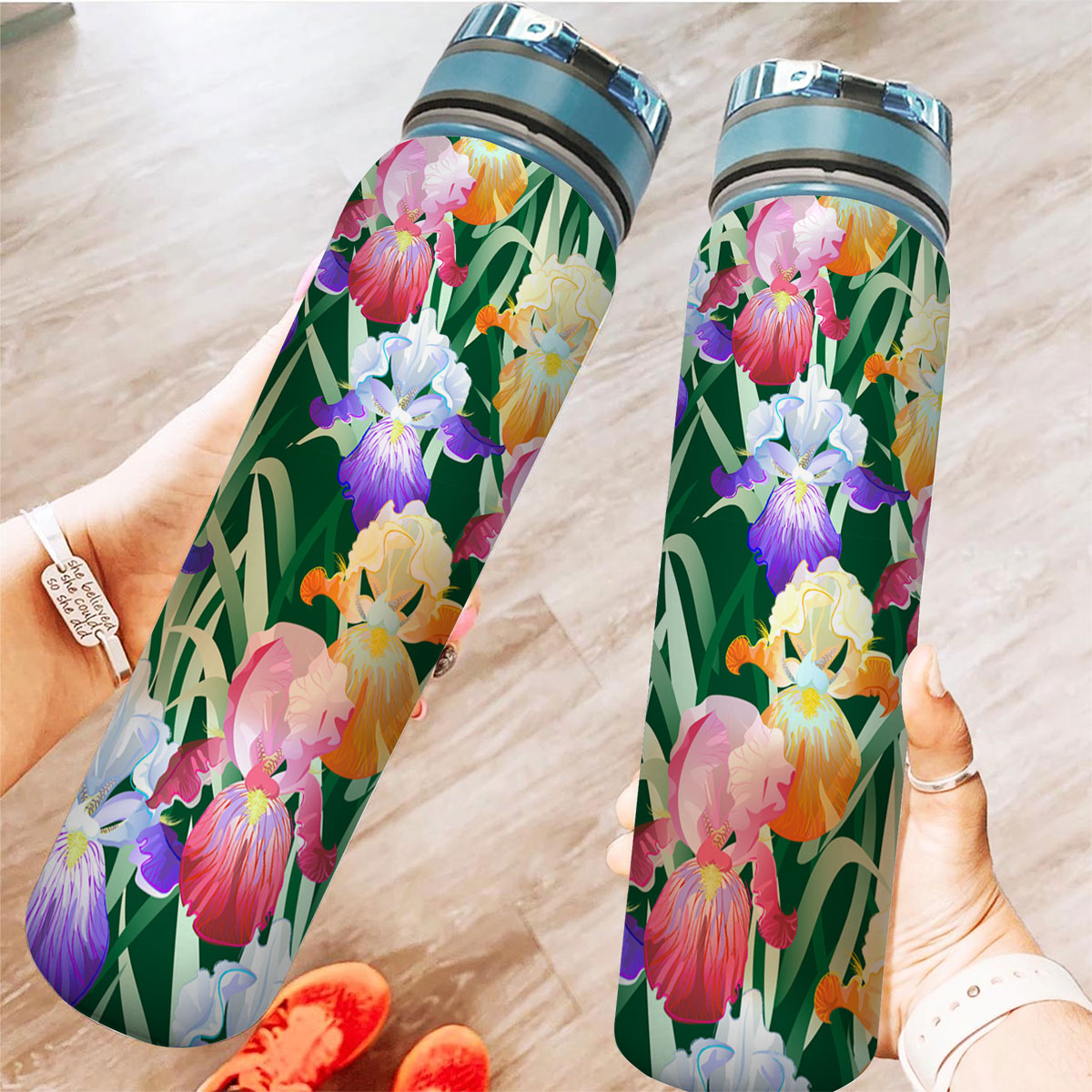 Colorful Iris Flowers And Green Leaves Tracker Bottle