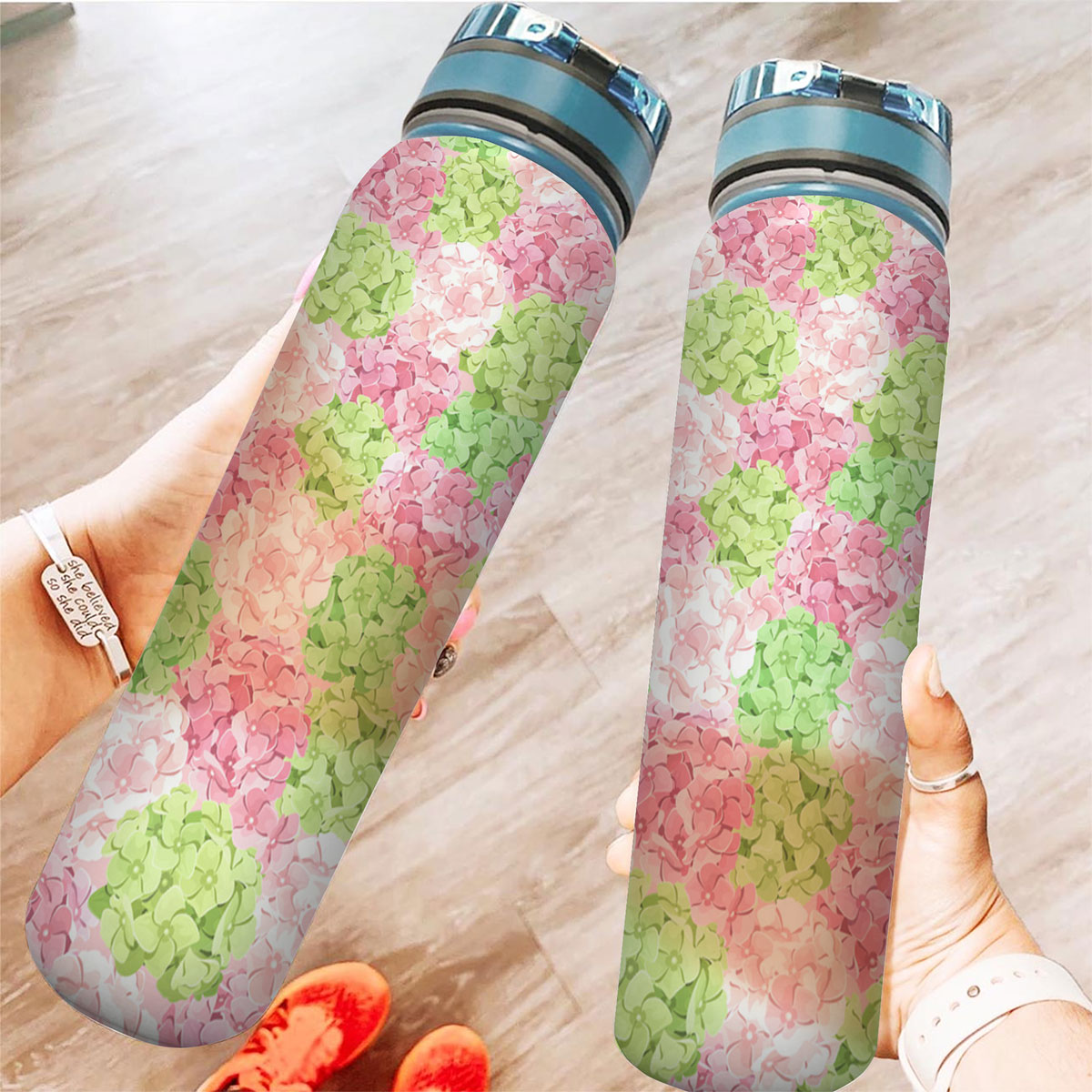 Pink And Green Hydrangea Flowers Tracker Bottle