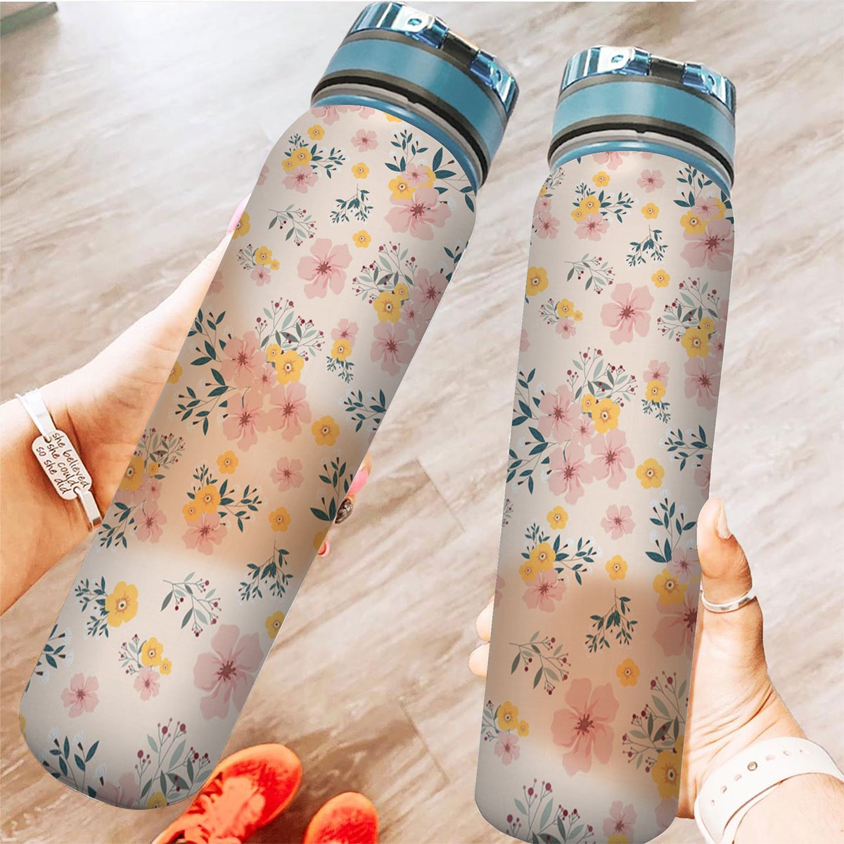 Pink And Yellow Flower Seamless Pattern Tracker Bottle
