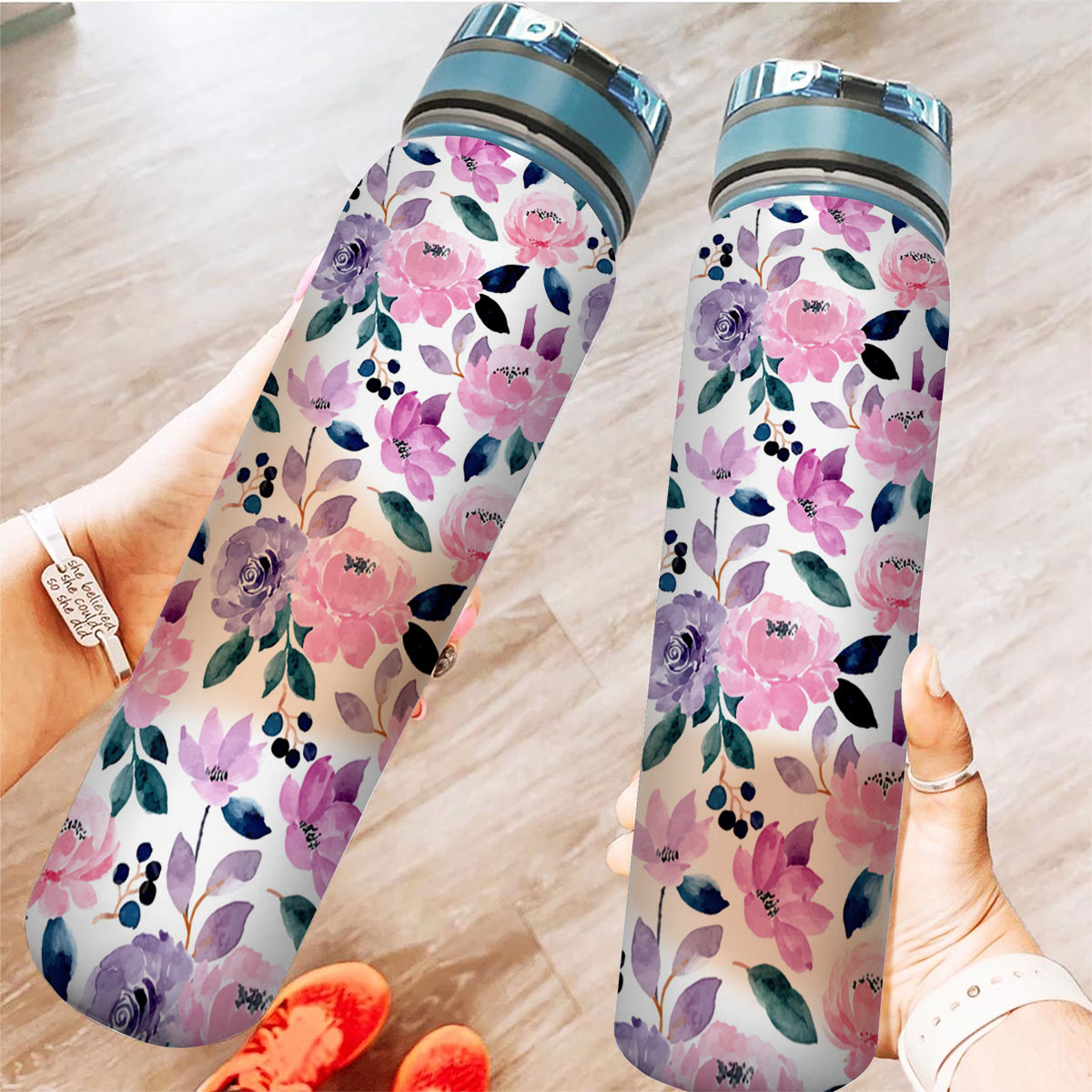 Pink Purple Seamless Pattern With Floral Tracker Bottle