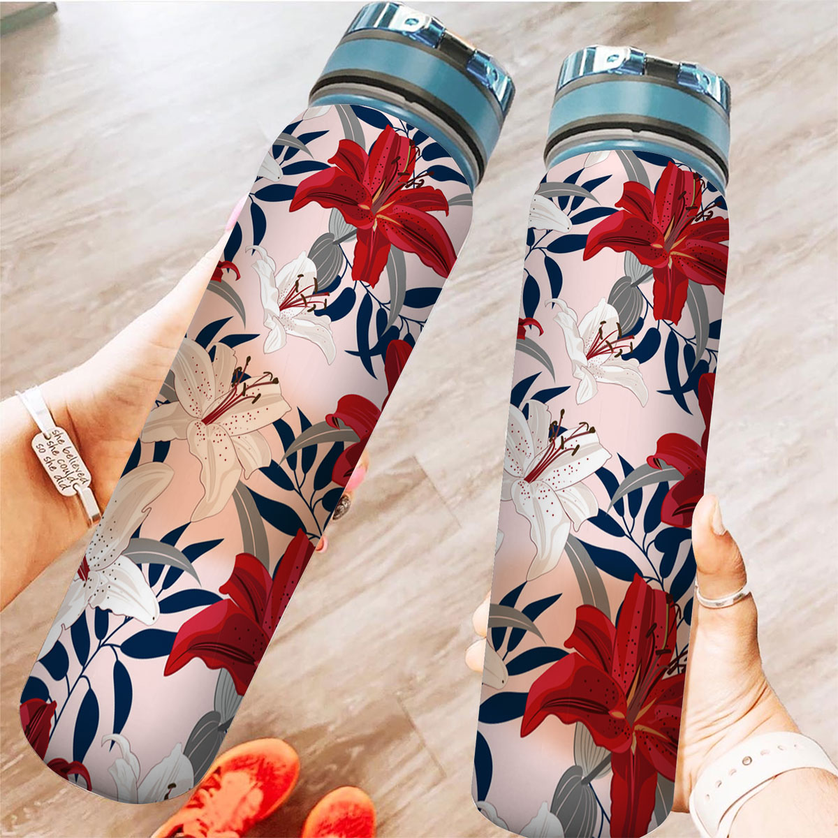 Red And White Lily Flowers Tracker Bottle