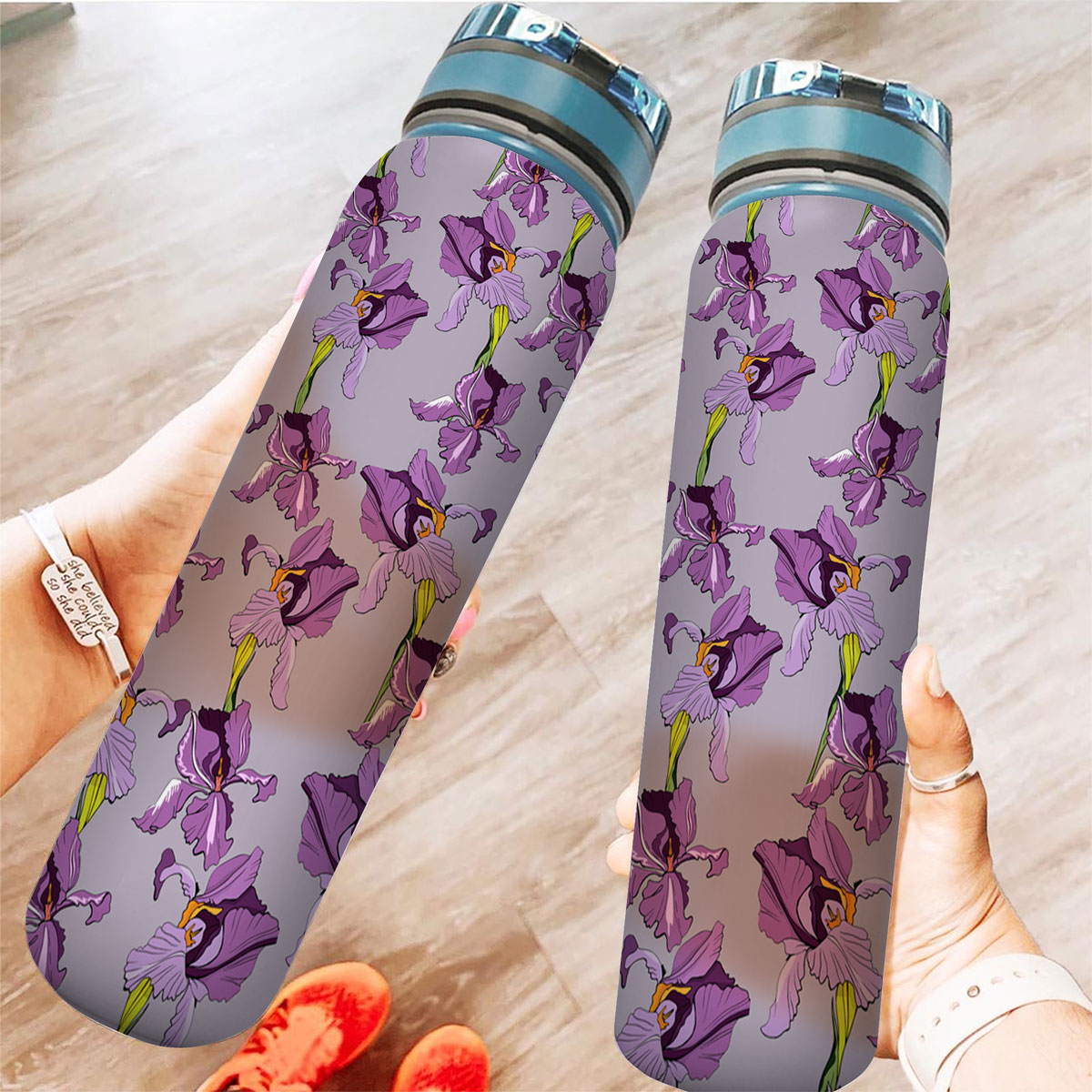 Seamless Pattern With Purple Iris Flowers Tracker Bottle