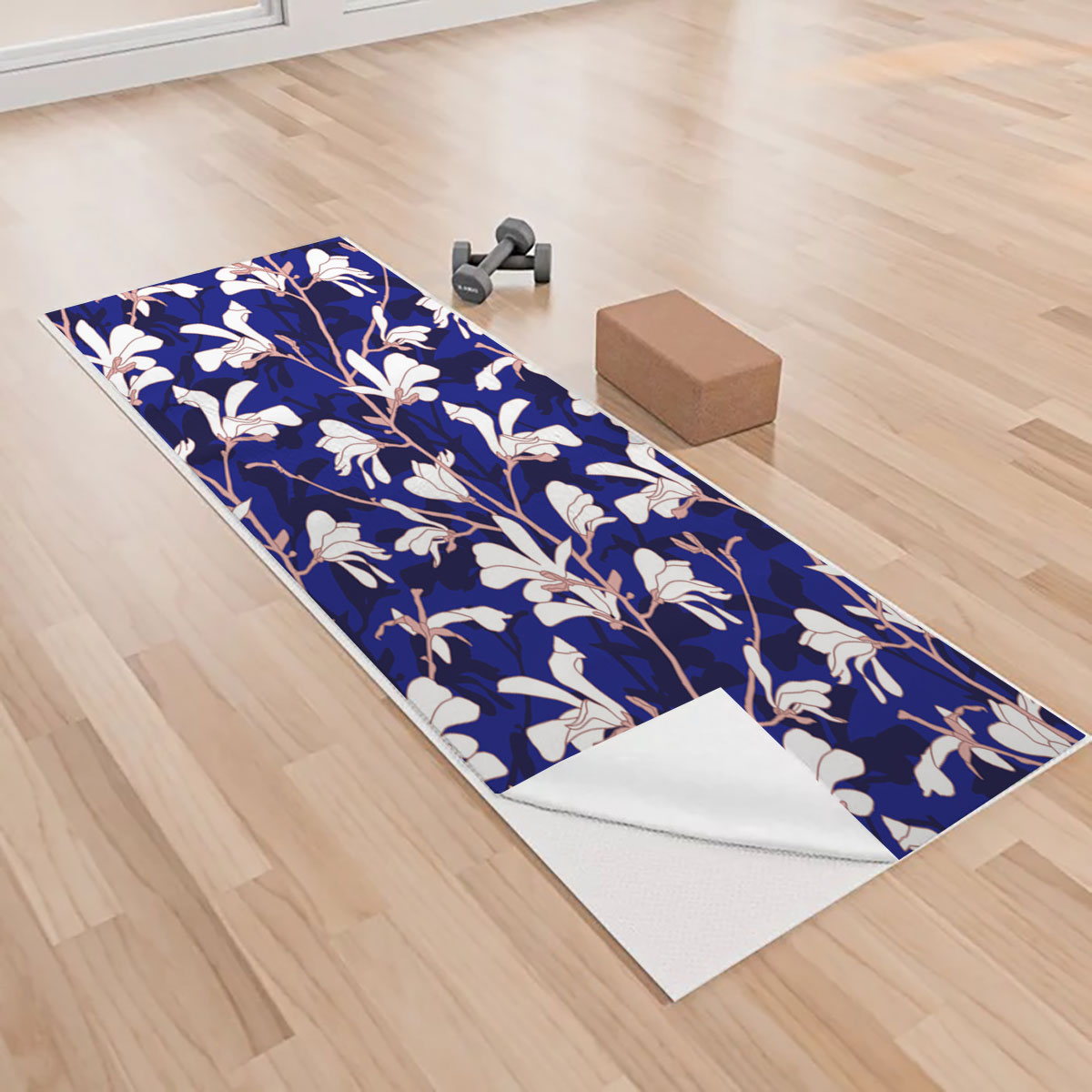 Blue Floral Background With White Magnolia Flower Yoga Towels