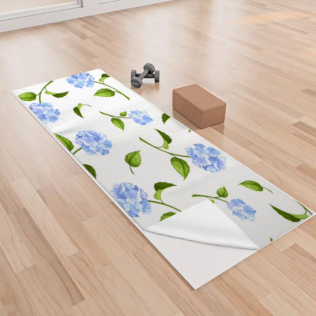Blue Hydrangea Flowers On A White Background Yoga Towels