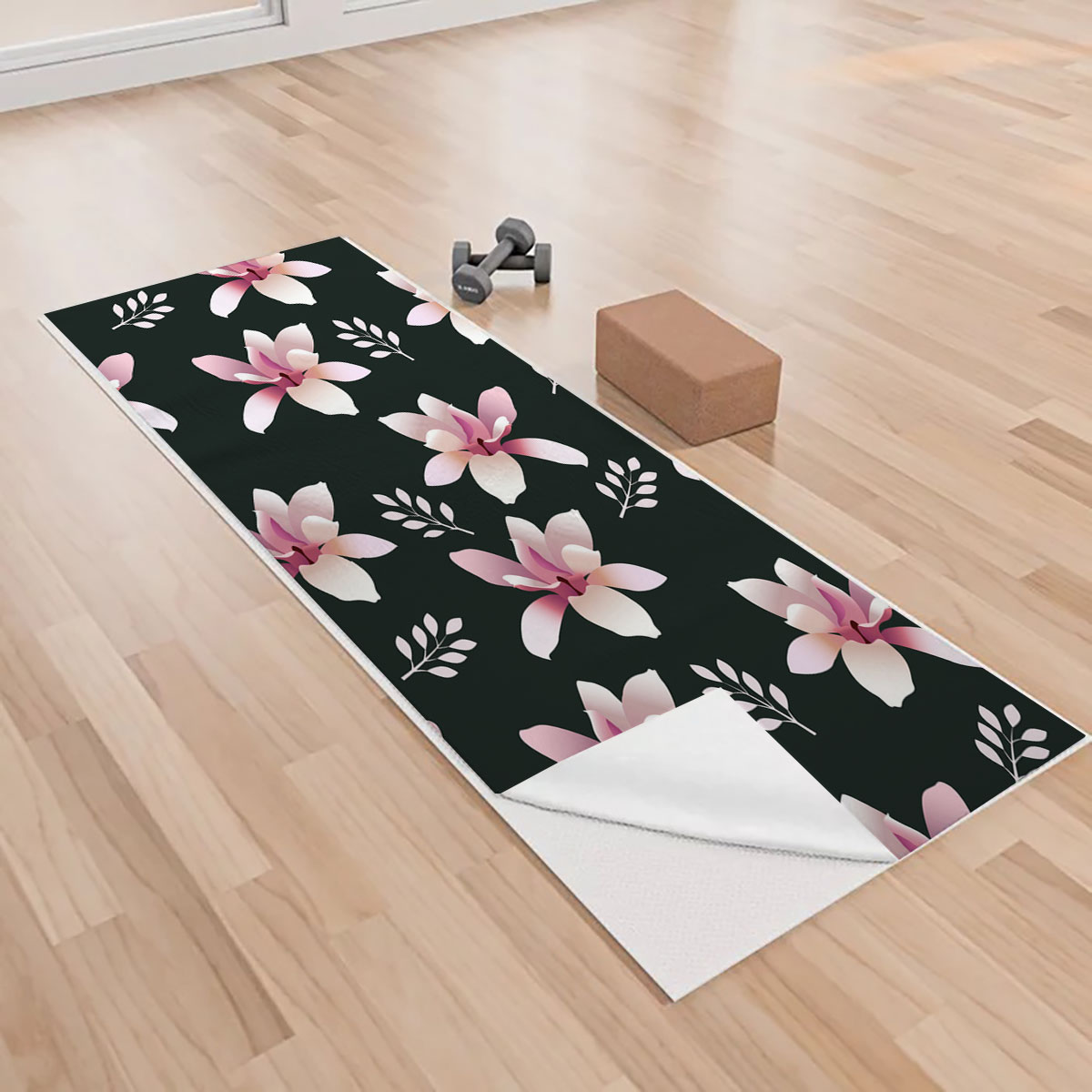 Magnolia On Black Background Yoga Towels