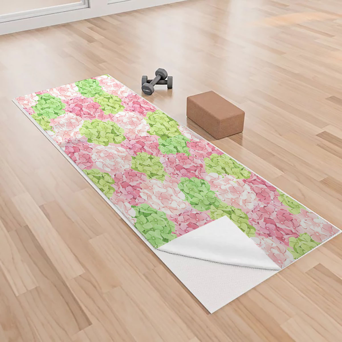 Pink And Green Hydrangea Flowers Yoga Towels