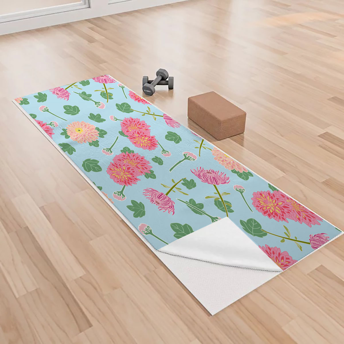 Pink Chrysanthemum Flowers And Leaves Yoga Towels