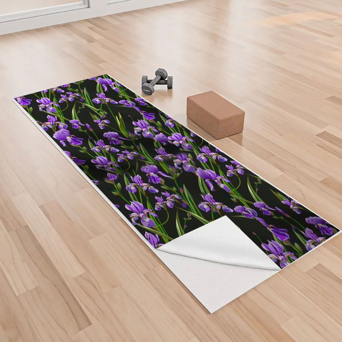 Purple Iris On Black Background Yoga Towels