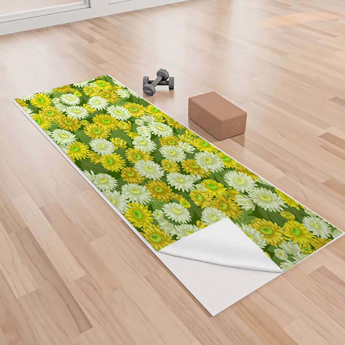 Seamless Yellow White Chrysanthemum Flowers Pattern Yoga Towels
