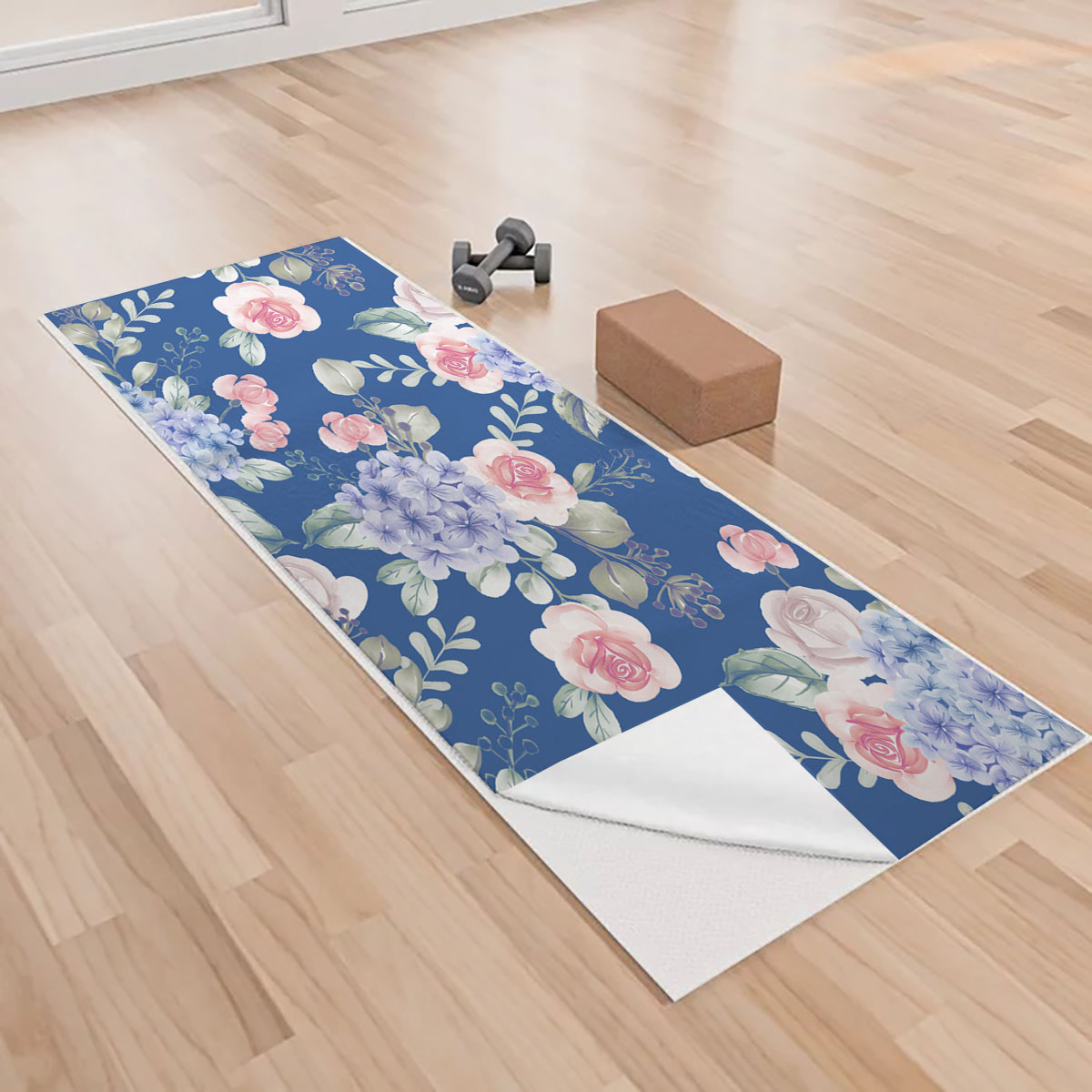 Watercolor Flower Hydrangea And Leaves Blue Yoga Towels