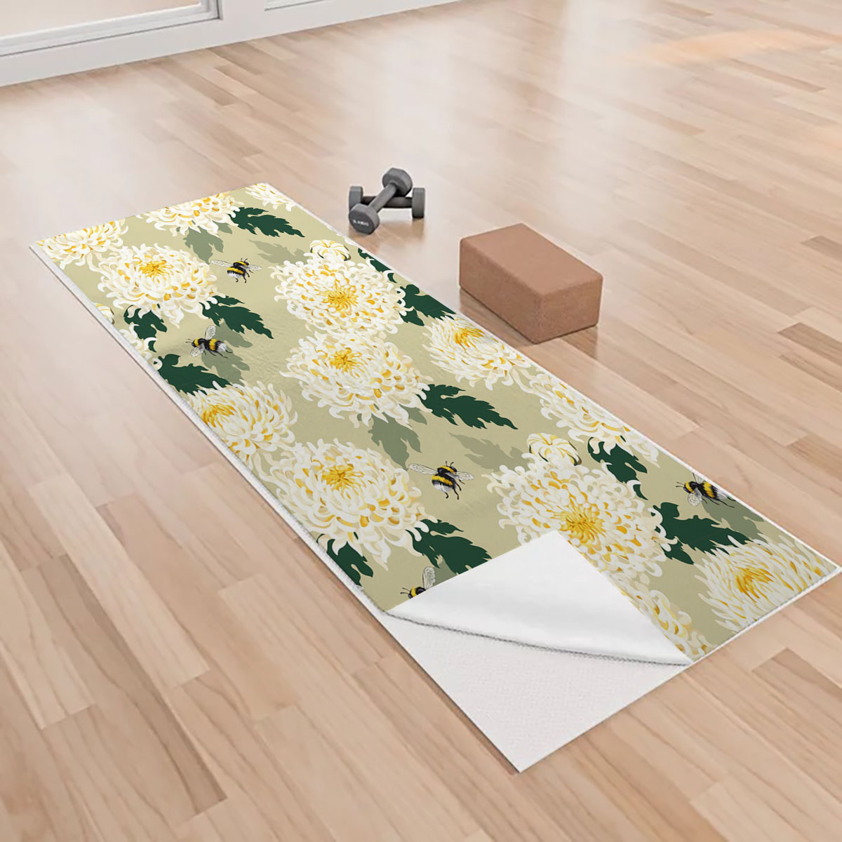 White Chrysanthemums And Bee Yoga Towels
