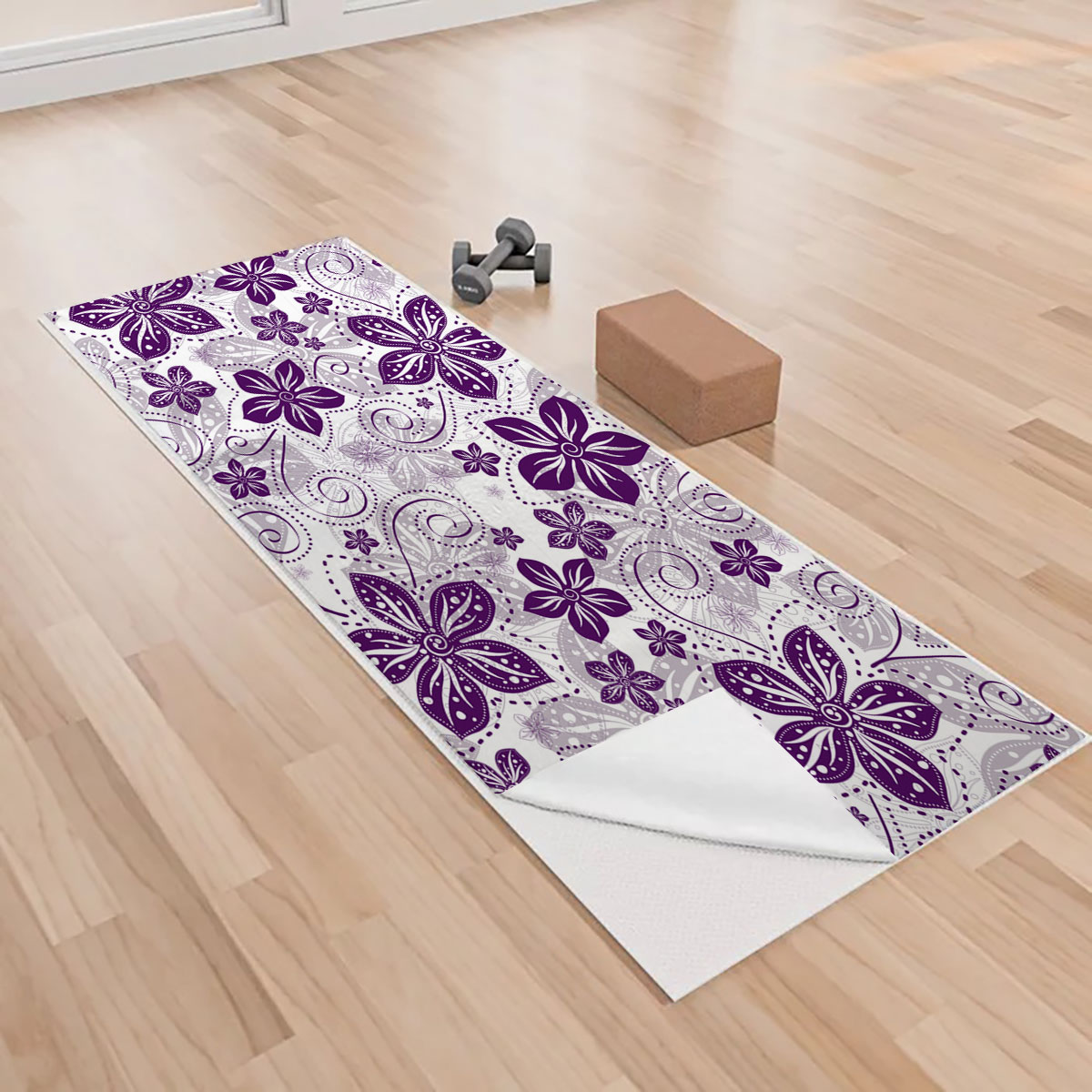 White Violet Floral Pattern Yoga Towels
