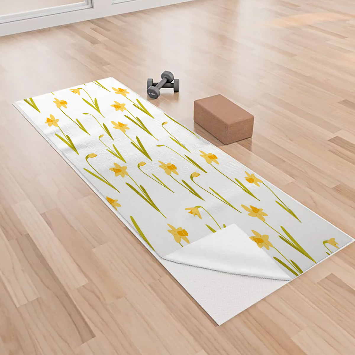 Yellow Daffodils On White Background Yoga Towels