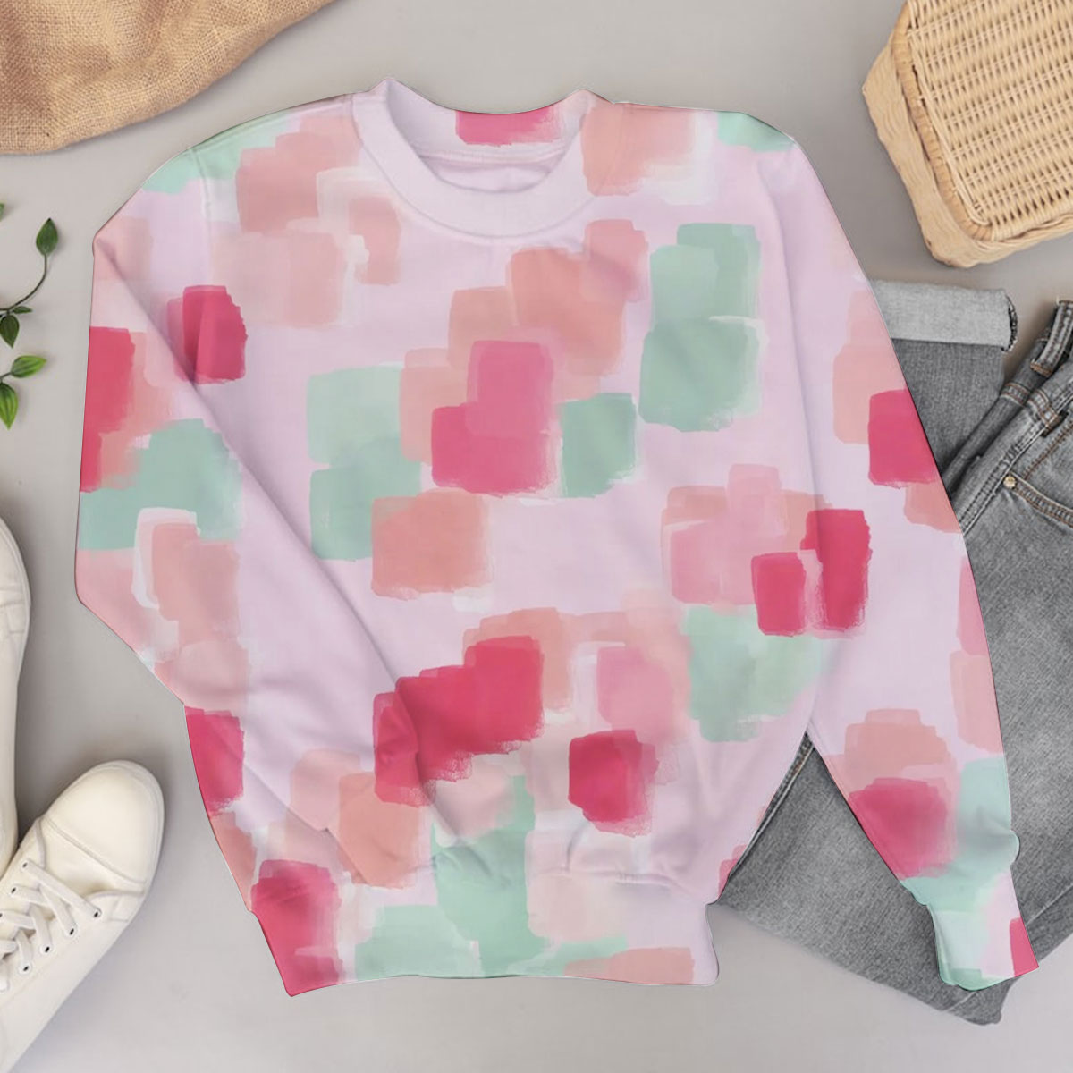 Pastel Teal And Red Abstract Floral Sweater