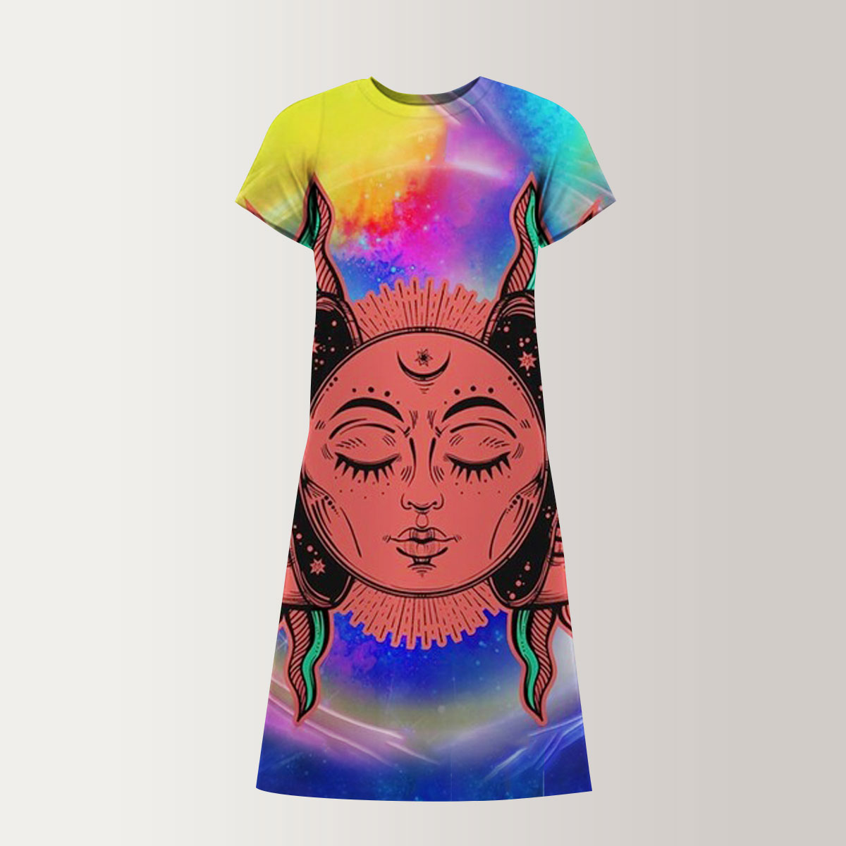 Trippy Sun and Moon Tapestry T-Shirt Dress