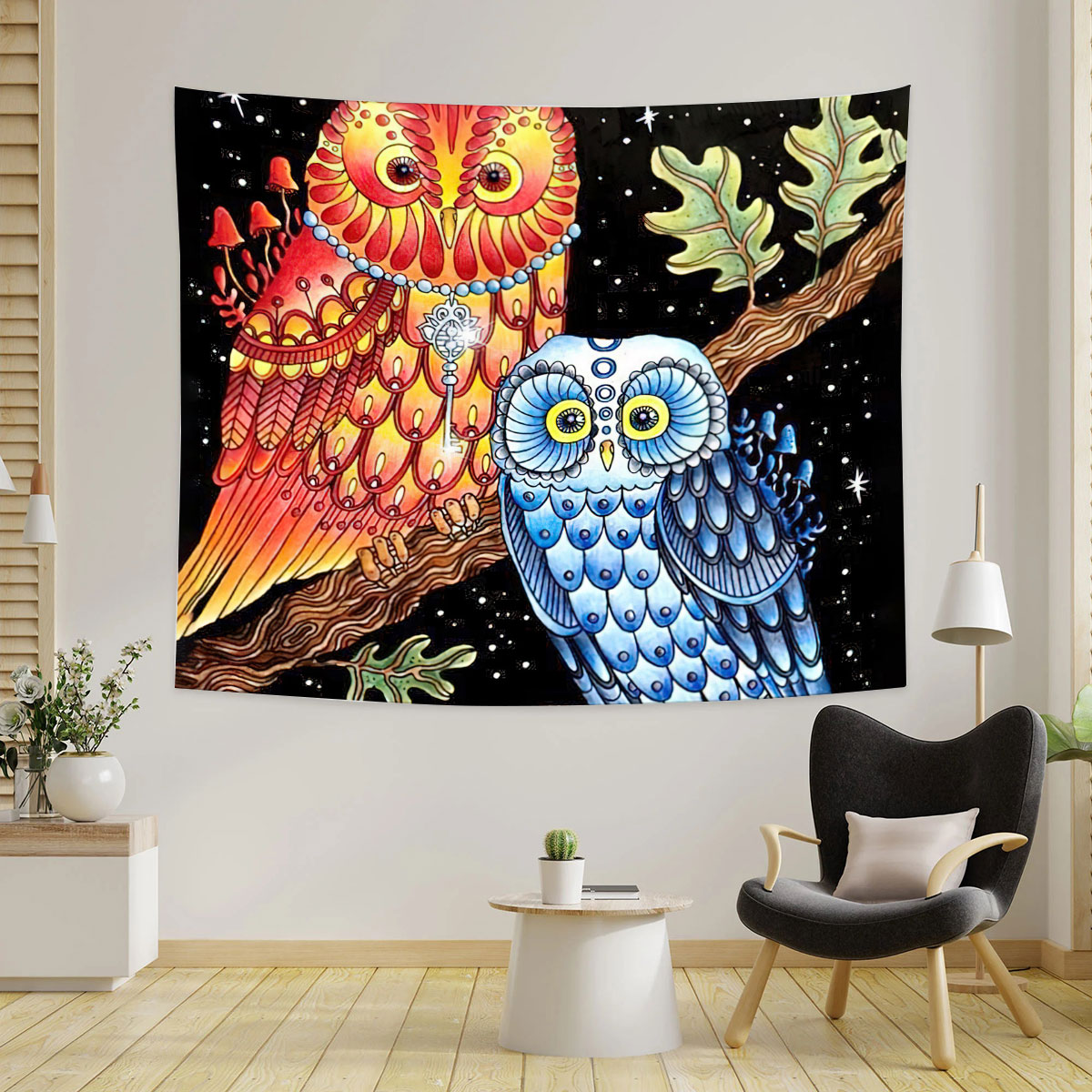 Orange Blue Owl Tapestry