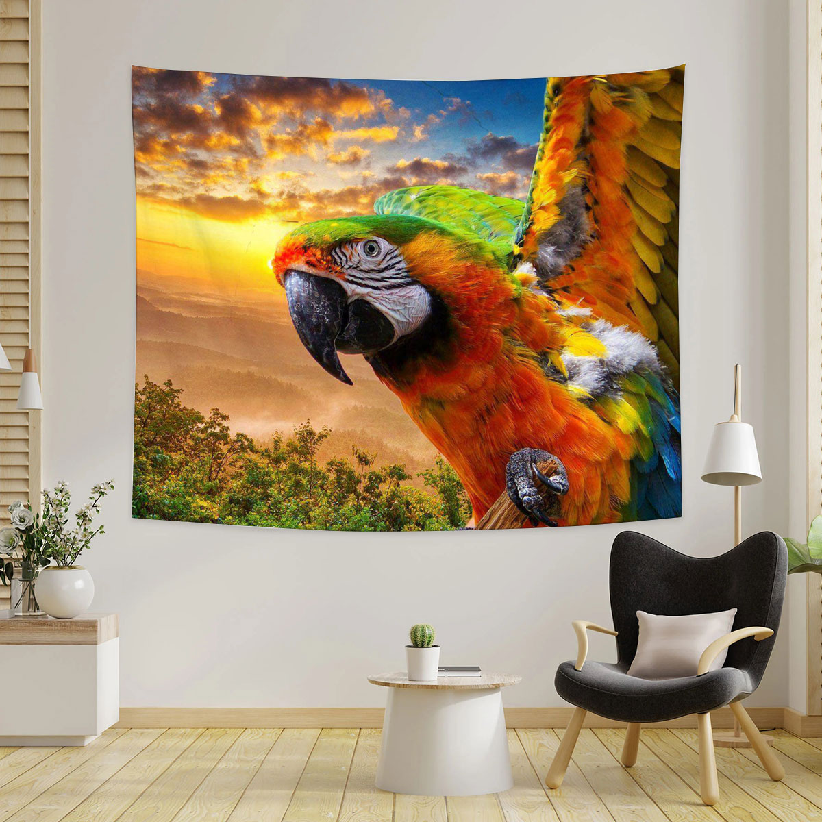 Parrot Under The Sunset Tapestry