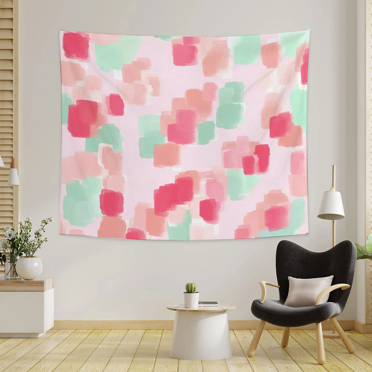 Pastel Teal And Red Abstract Floral Tapestry
