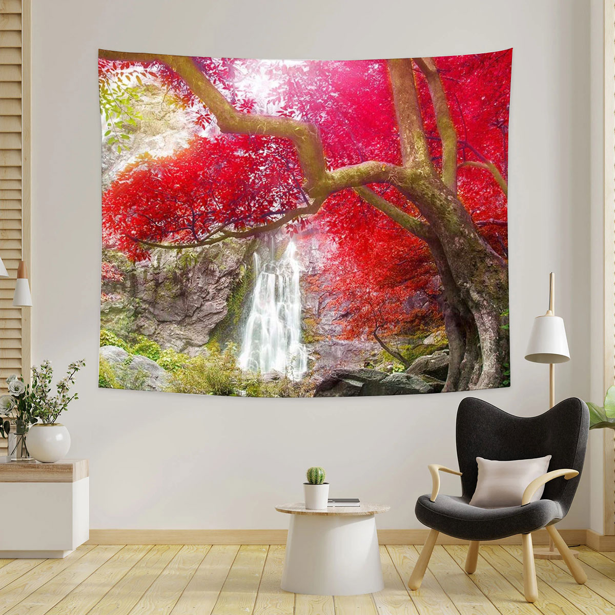 Red Autumn Waterfall Tapestry