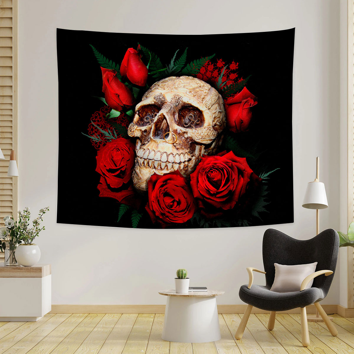 Red Flower Skull Tapestry
