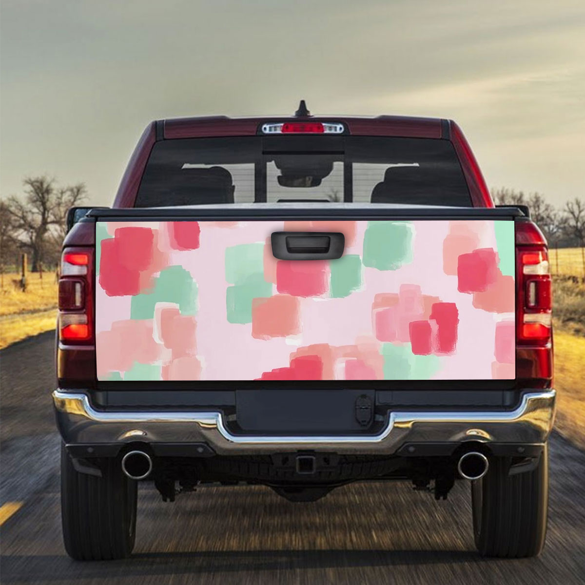 Pastel Teal And Red Abstract Floral Truck Bed Decal