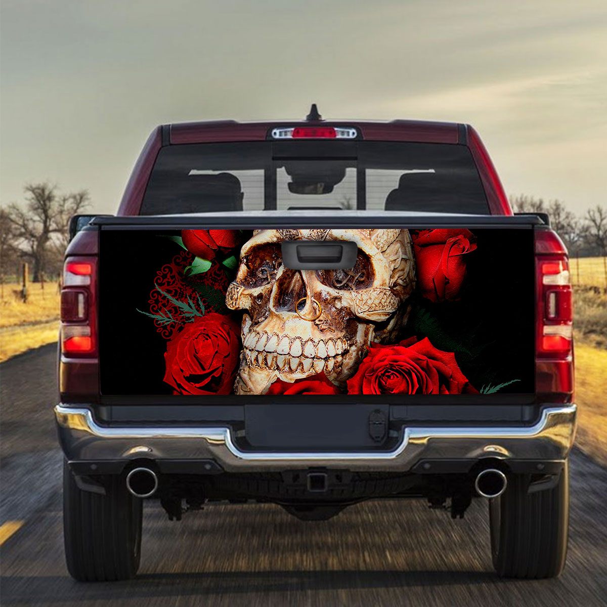 Red Flower Skull Truck Bed Decal