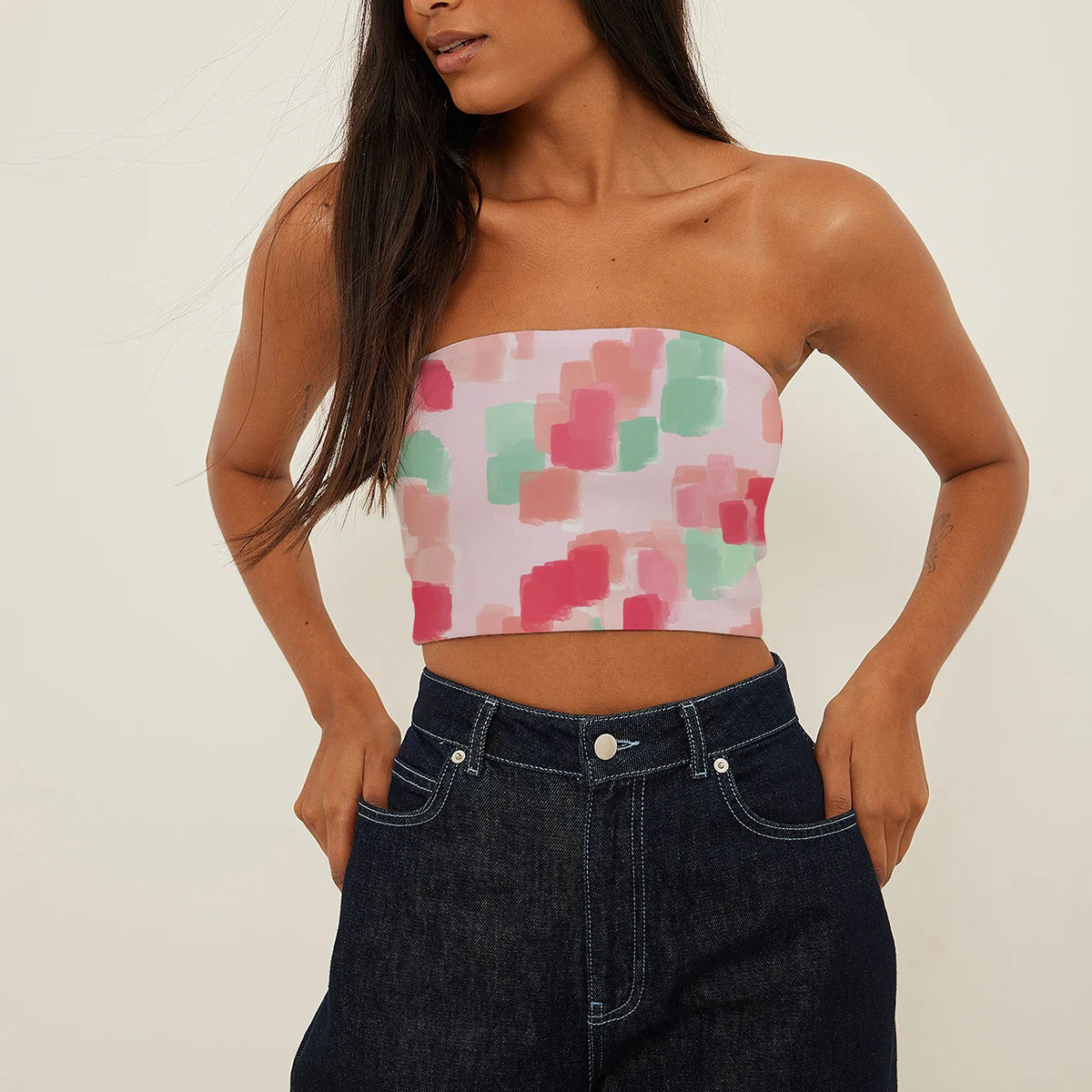 Pastel Teal And Red Abstract Floral Tube Top