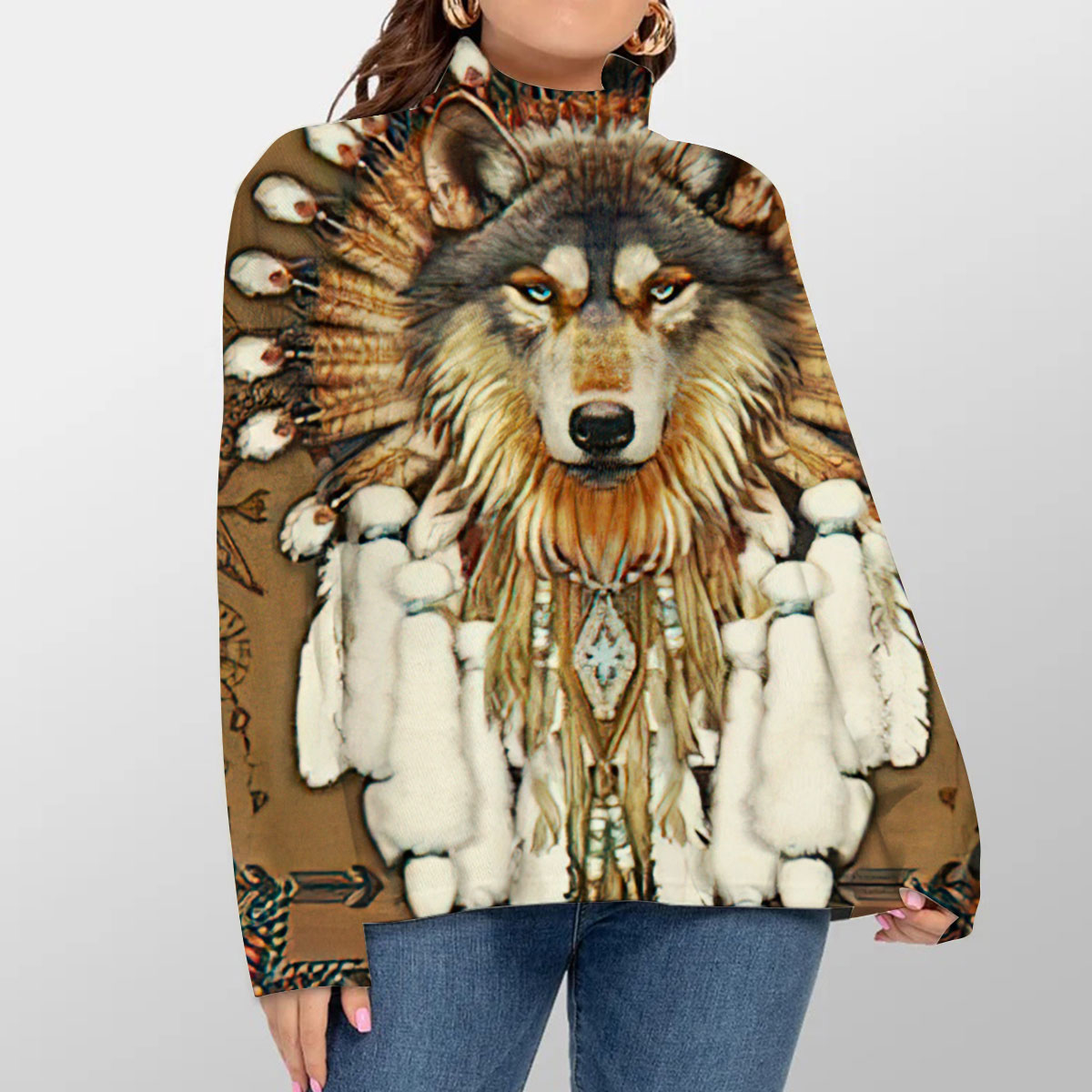 Native American Wolf Turtleneck Sweater