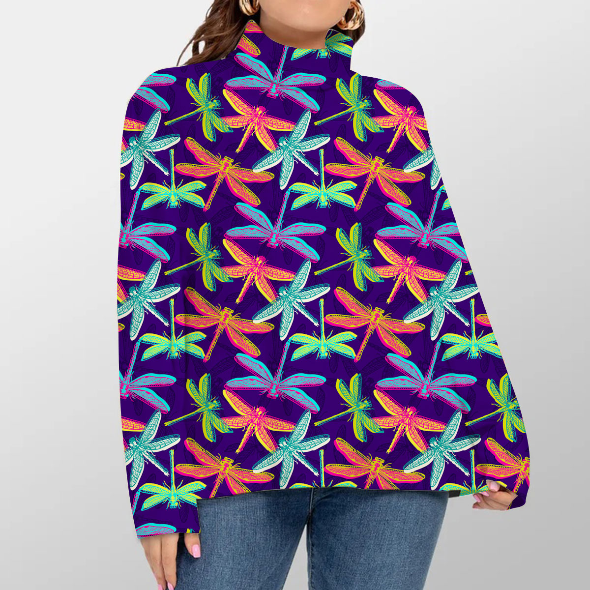Neon Color Dragonfly Turtleneck Sweater