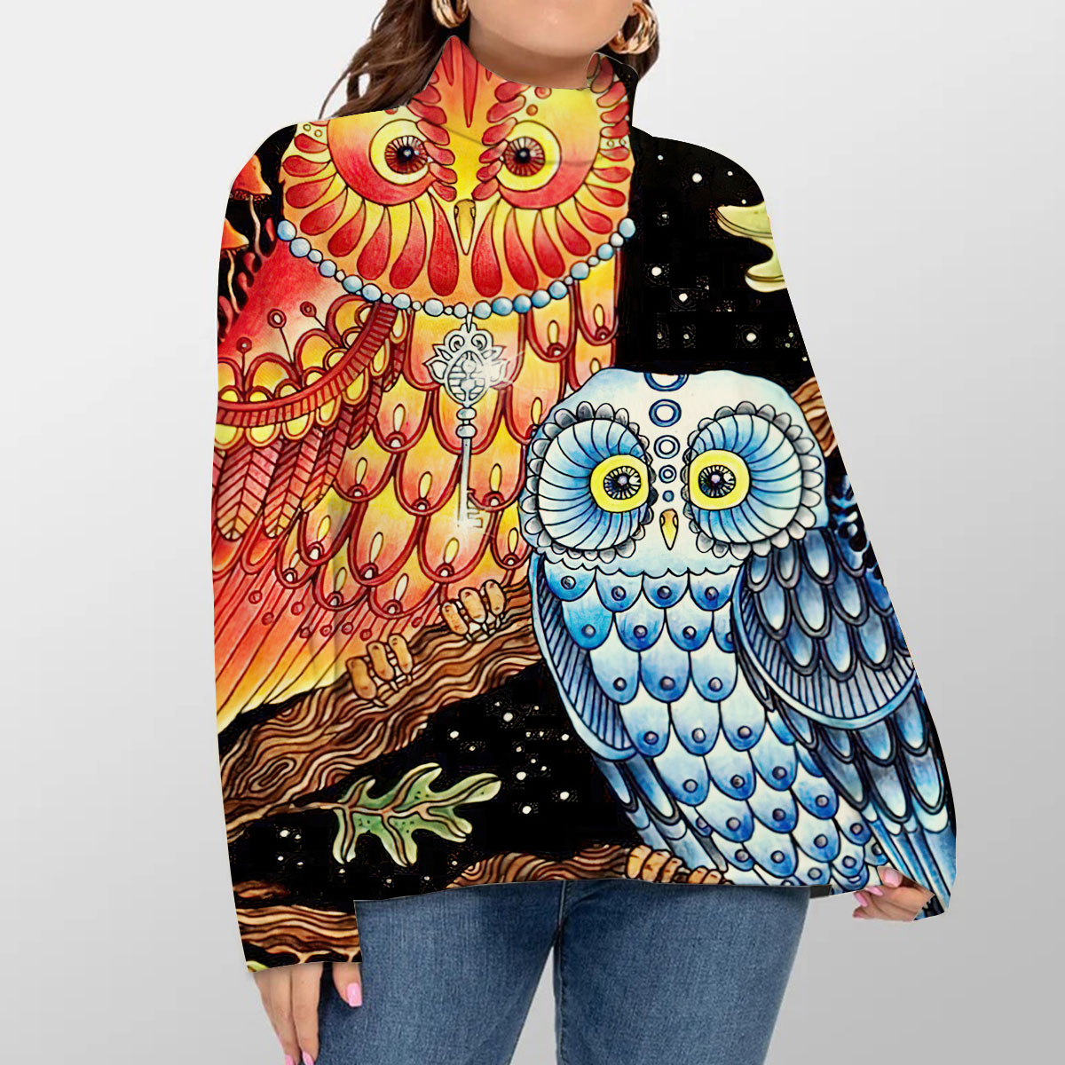 Orange Blue Owl Turtleneck Sweater