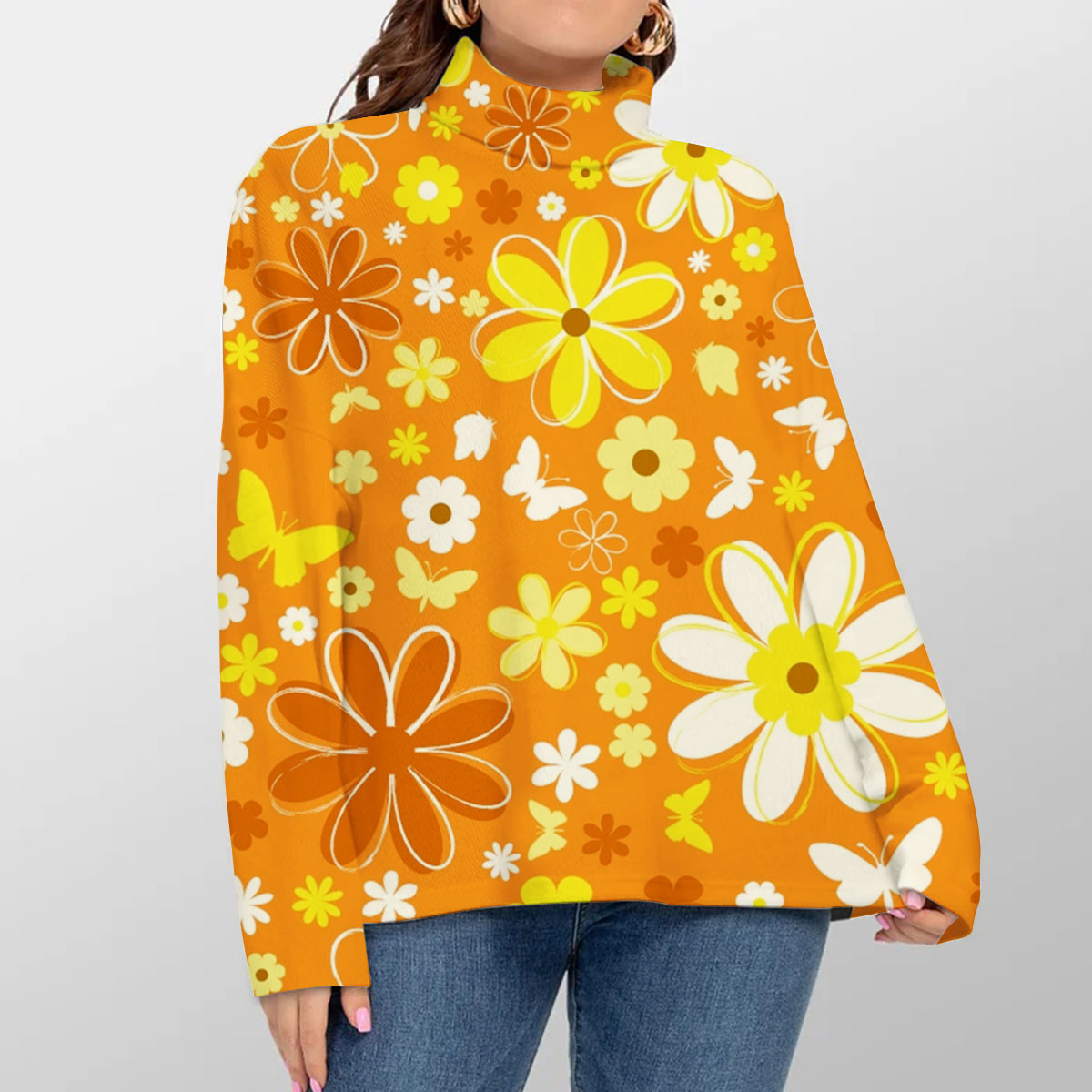 Orange Little Daisy Turtleneck Sweater