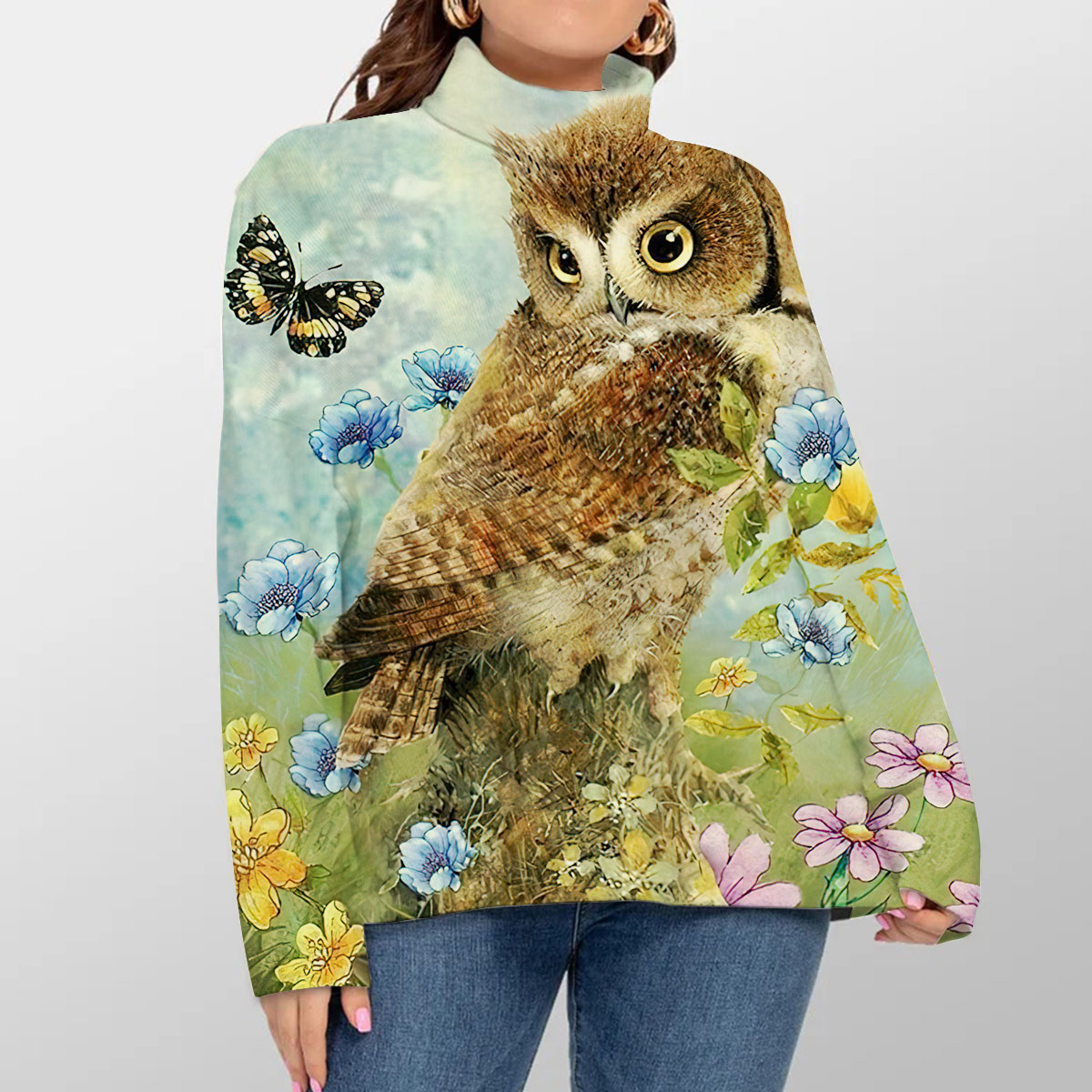 Owl And Butterfly Turtleneck Sweater