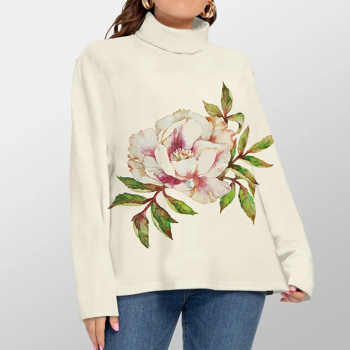 Peony Flower With Leaves Turtleneck Sweater