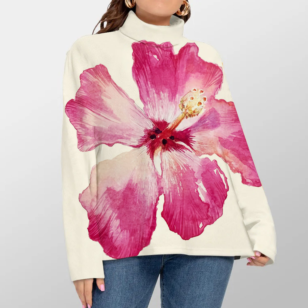 Pink Hibiscus Turtleneck Sweater